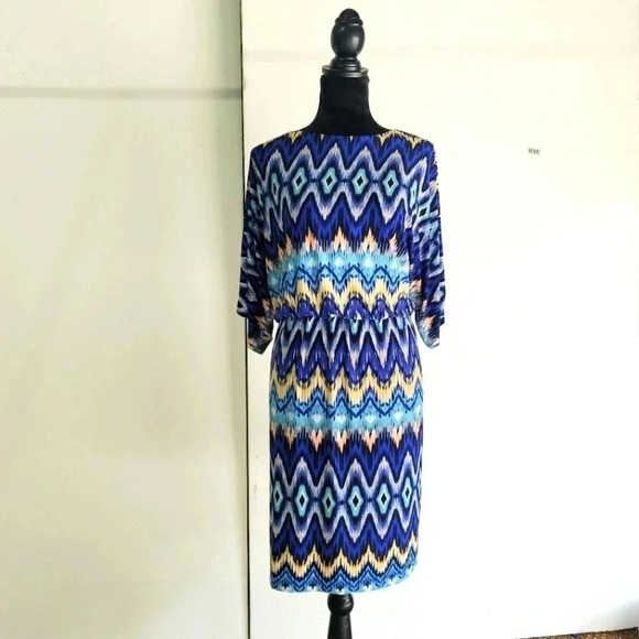 Chico’s Dress Blouson Aztek Print Slit Short Sleeves Lined Chico's size 2 L 12 - Picture 1 of 10